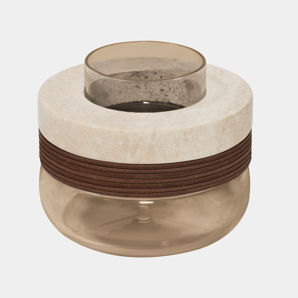 Designová váza CLIFF z travertinu a kůže vysoká