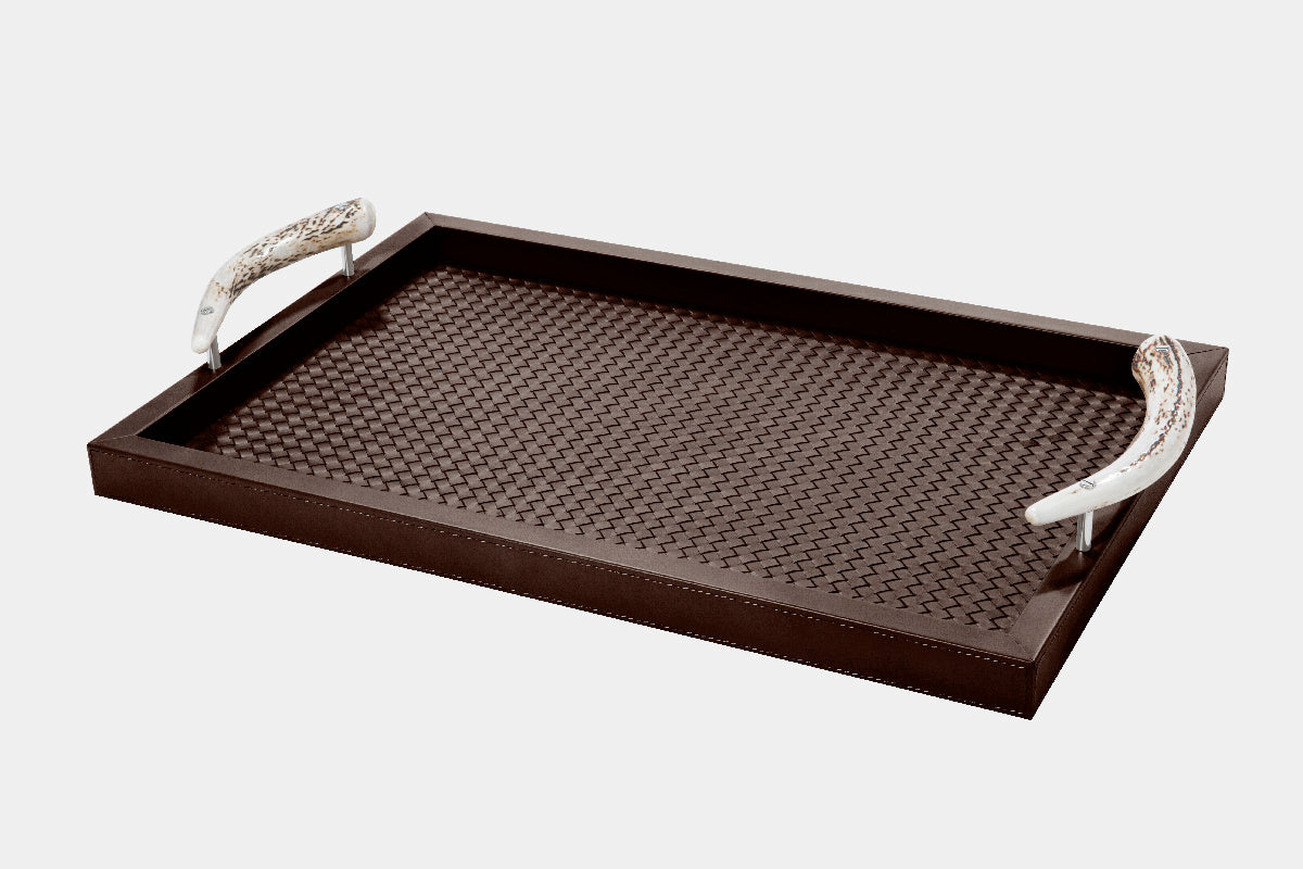 Kožený podnos DAFNE s úchytkami z jeleního parohu