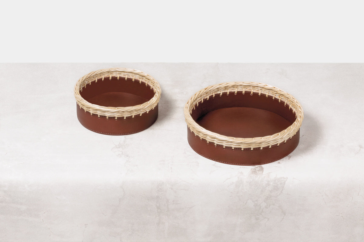 Kulatý kožený košík COMO s proutěným krajem