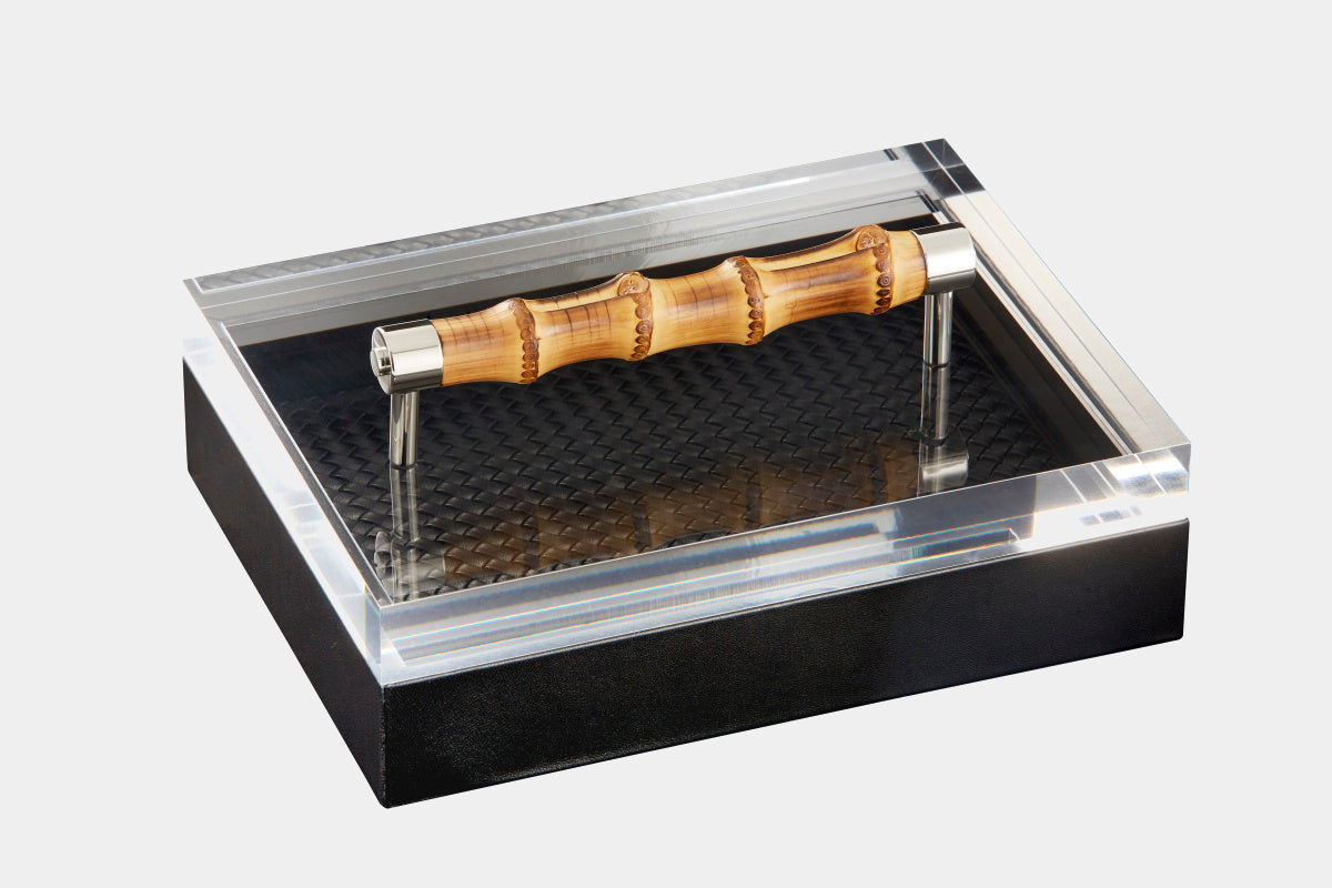 Kožený podélný box FRIDA s akrylovým víkem a bambusovou úchytkou