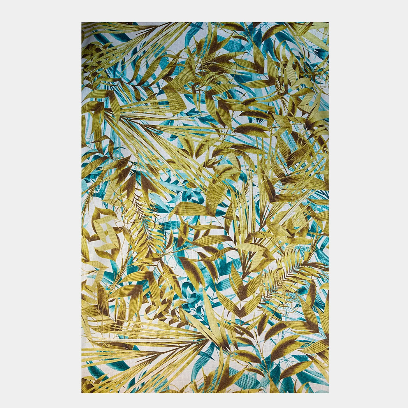 Las Palmas Lněný ubrus s motivem palmových listů v tyrkysové a zlaté