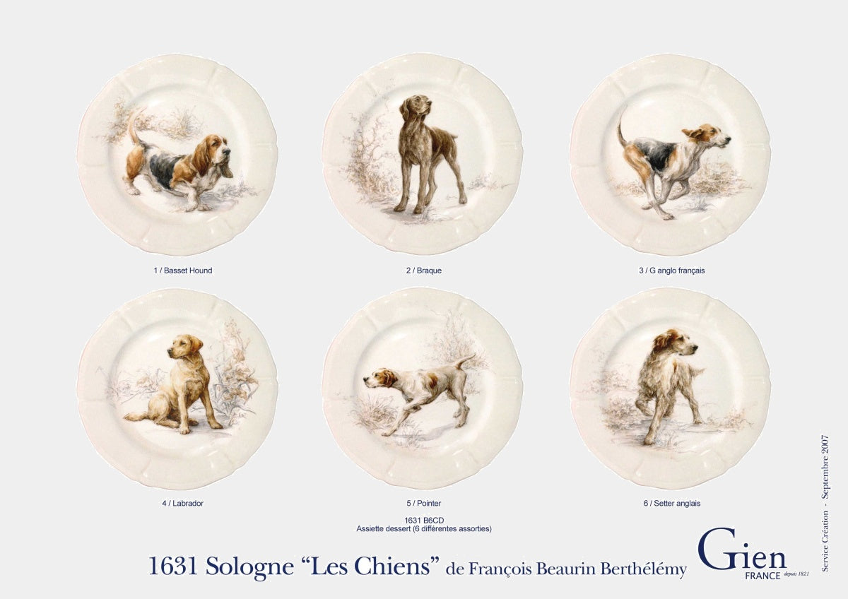 GIEN SOLOGNE talíř 23,2 cm - vzor psi - set 6 ks