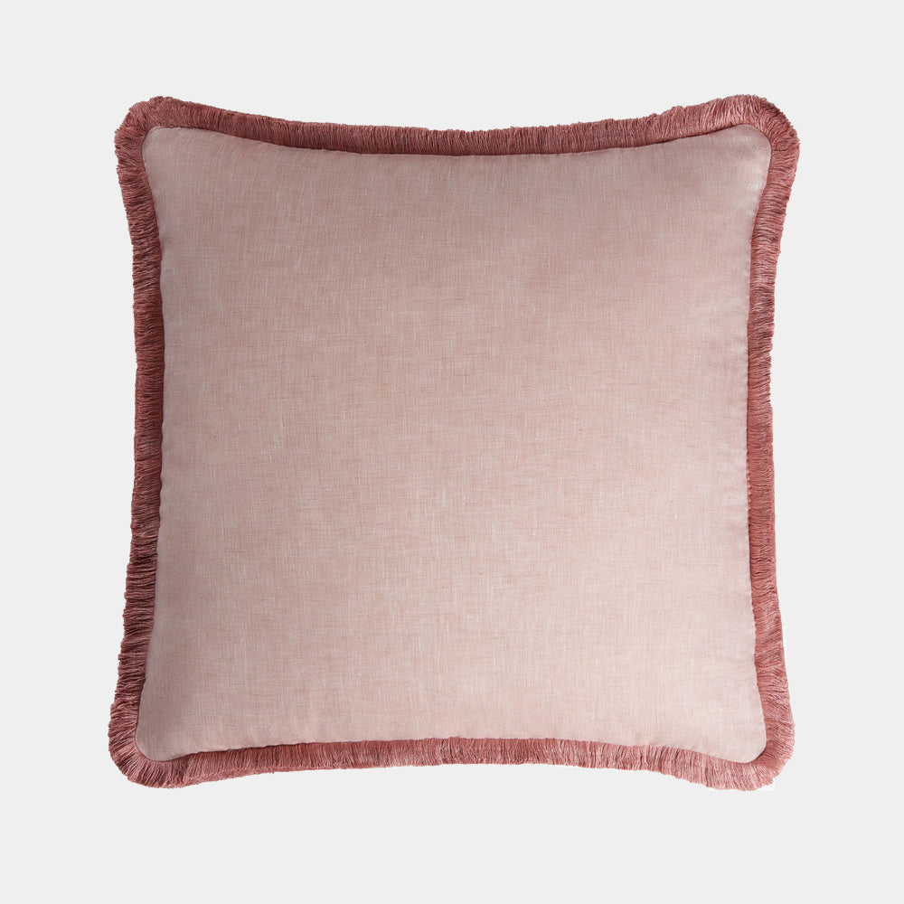 růžový lněný dekorační polštář s třásněmi