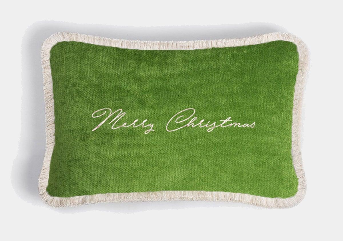 LO DECOR podélný sametový polštářek MERRY CHRISTMAS green