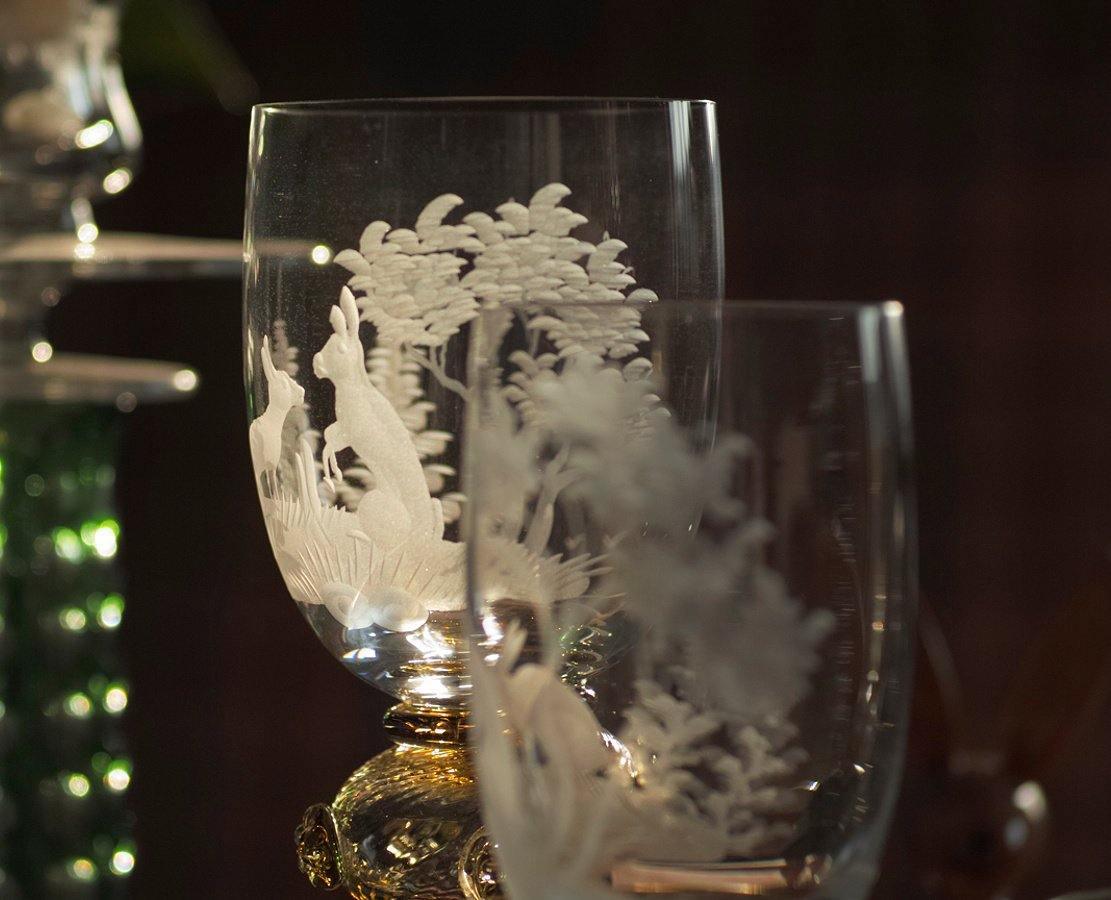 Broušená křišťálová sklenice na červené víno KURFÜRST s loveckým motivem - Theresienthal - perdonahome