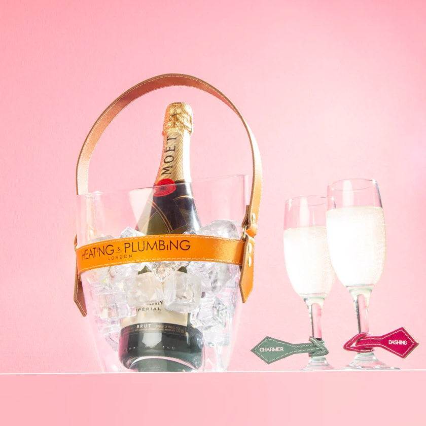 Chladič na šampaňské "Happy Go Sparkly" - oranžový kožený řemínek