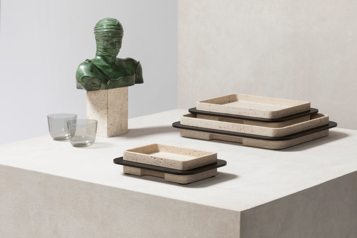 Lloyd Podélný travertinový podnos s bronzovým rámem