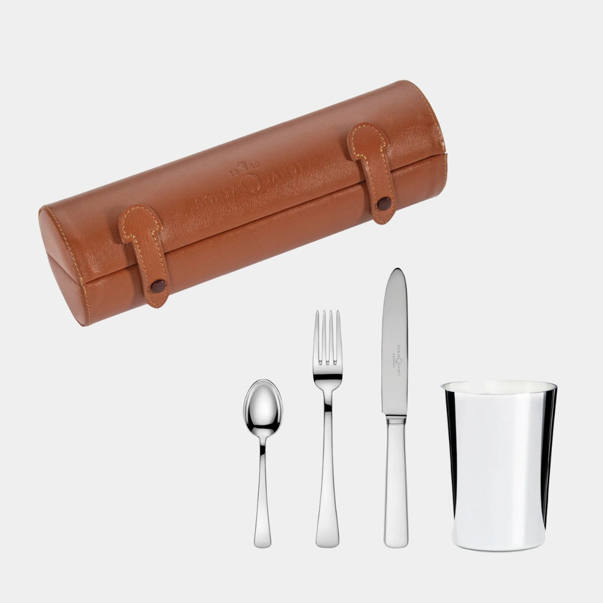 SONJA QUANDT exkluzivní postříbřená pikniková sada v koženém etui