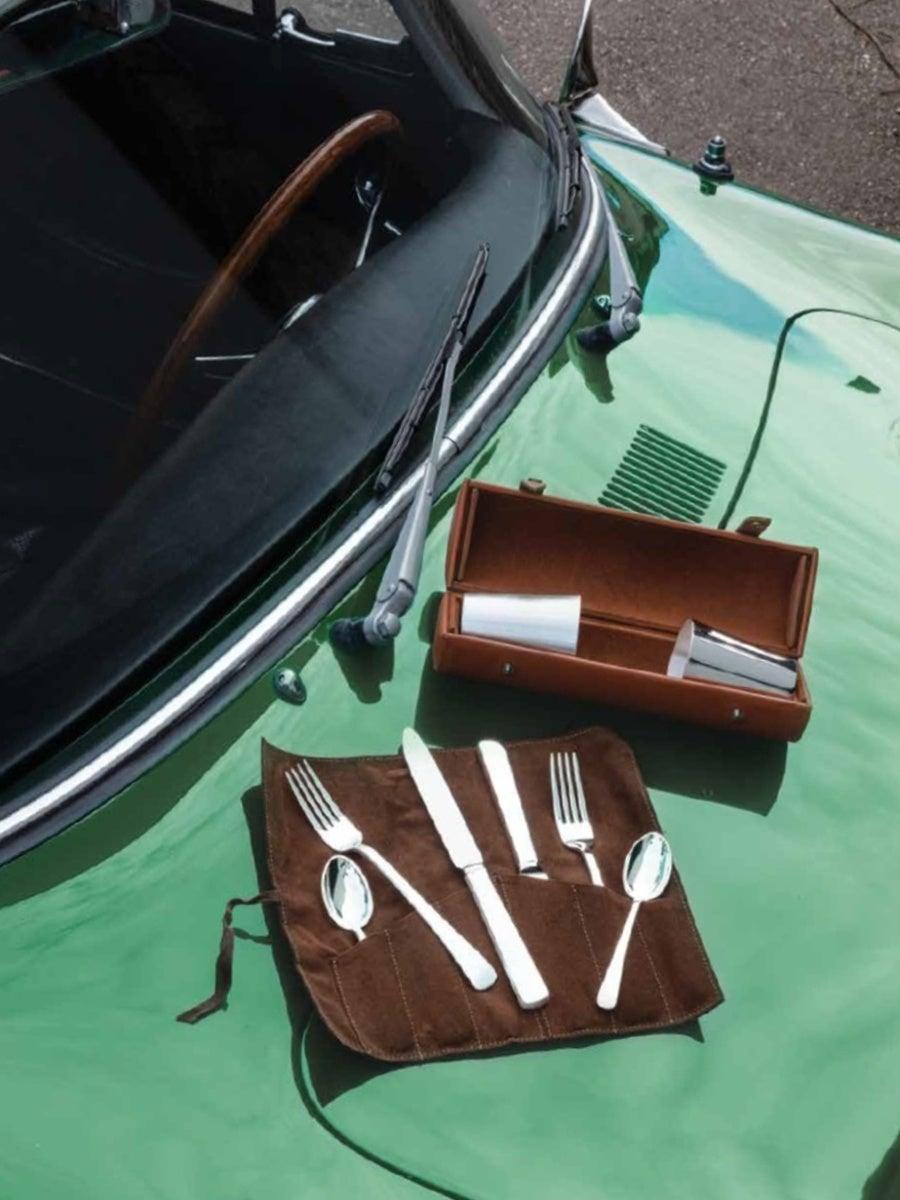 SONJA QUANDT exkluzivní postříbřená pikniková sada pro dva v koženém etui-picnic set-perdonahome